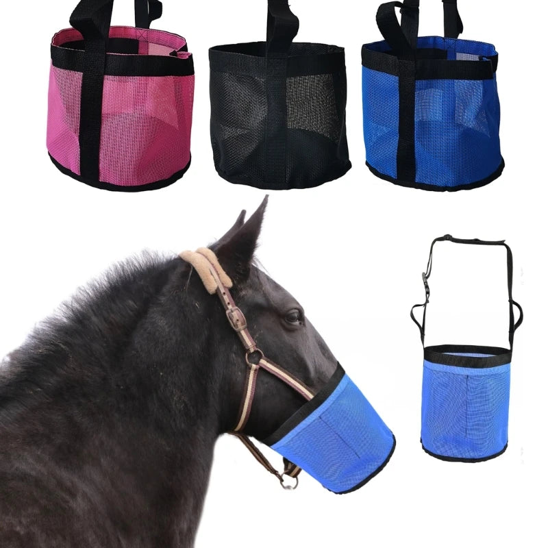 Horse Feed Bag, Mesh Horse Feeding Hays Bag Hays Bucket with Adjustable Strap