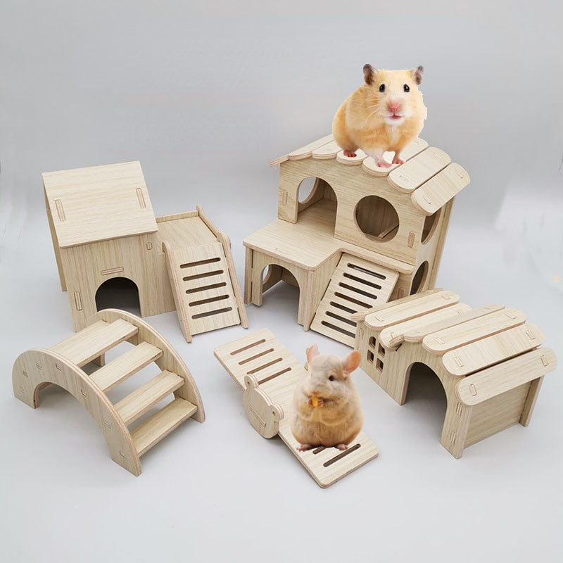Hamster House DIY Hamster Wooden Gerbil Hideout House Canary Seesaw Pet Sport Wheel Exercise Toy Small Animal Toys