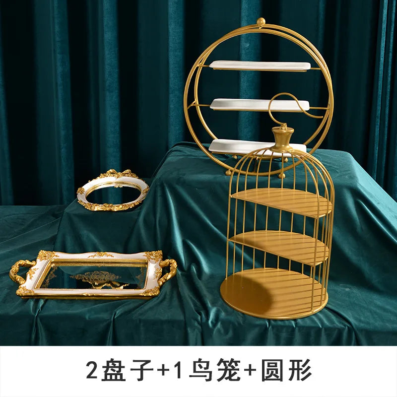 Cake Rack Set Birdcage Dessert Table Afternoon Tea Utensil Brass Tray Decor Retro Birthday Wedding Background Decoration Tools