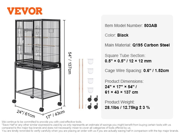 VEVOR 52/54inch Standing Large Bird Cage, Wrought Iron Flight Bird Cage for Cockatiels ,Parrots, Macaw w/Rolling Stand and Tray