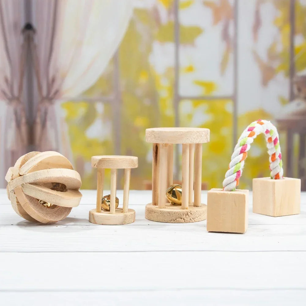 New Hamster Roller Toys Natural Wooden Pine Dumbells Unicycle Bell Chew Toys for Rabbit Small Pet Molars Supplies