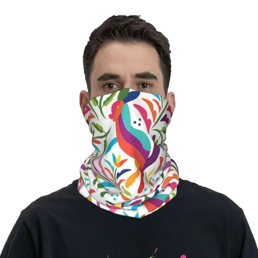 Fashion Mexican Otomi Birds Texture Neck Gaiter Men Women UV Protection Winter Folk Floral Art Bandana Scarf for Ski