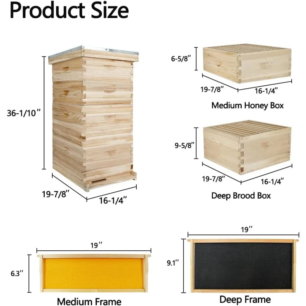 10-Frame Bees Hives and Complete Starter Kit, Bee Hives Boxes Includes 2 Deep Bees Box 2 Medium Bee Hive Box with Beehive Frames