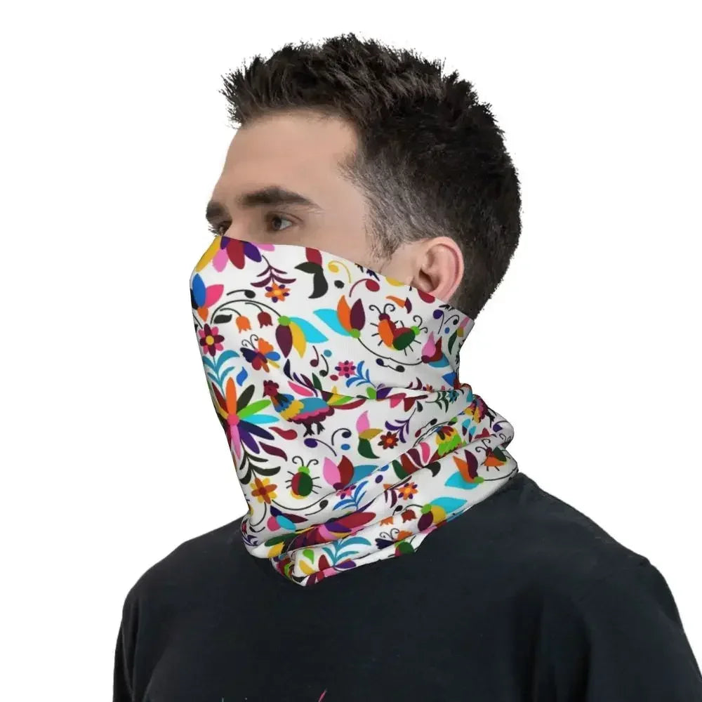 Fashion Mexican Otomi Birds Texture Neck Gaiter Men Women UV Protection Winter Folk Floral Art Bandana Scarf for Ski