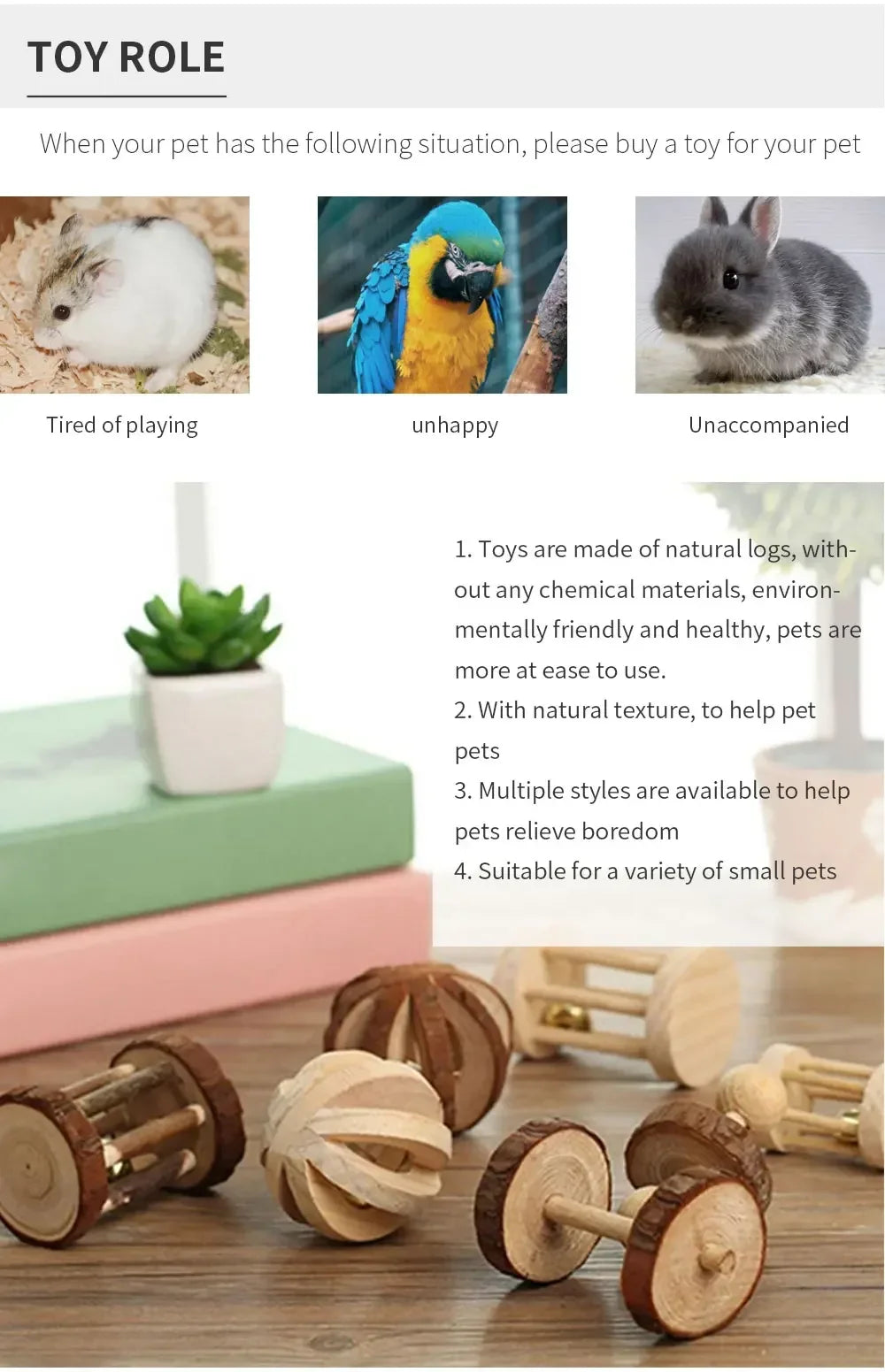 New Hamster Roller Toys Natural Wooden Pine Dumbells Unicycle Bell Chew Toys for Rabbit Small Pet Molars Supplies