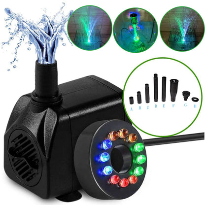 15W Ultra-Quiet Submersible Water Pump With 12 LED Lights Aquarium Water Fountain Pump Filter Fish Tank Pond LED Water Pump D30