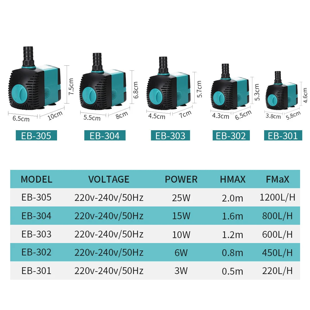 60/50/35/25/15/10/6/3W Ultra-Quiet Submersible Water Fountain Pump Filter Fish Pond Aquarium Water Pump Tank Fountain 220V-240V