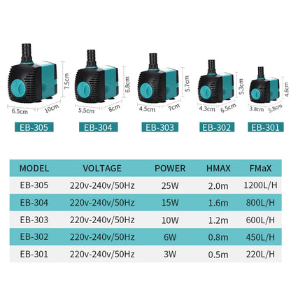 60/50/35/25/15/10/6/3W Ultra-Quiet Submersible Water Fountain Pump Filter Fish Pond Aquarium Water Pump Tank Fountain 220V-240V