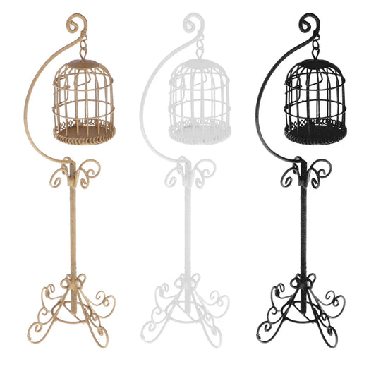 1:12 Scale Vintage Metal Bird Cage with Holder Stand Dollhouse Miniature for 12th Dolls House Decoration Accessories