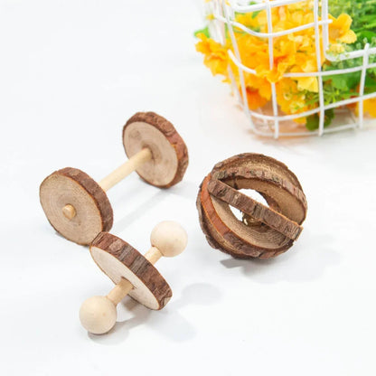 New Hamster Roller Toys Natural Wooden Pine Dumbells Unicycle Bell Chew Toys for Rabbit Small Pet Molars Supplies