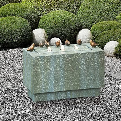 Outdoor Resin Fountain LED Lights Patina Gray Green Birds Waterfall 24