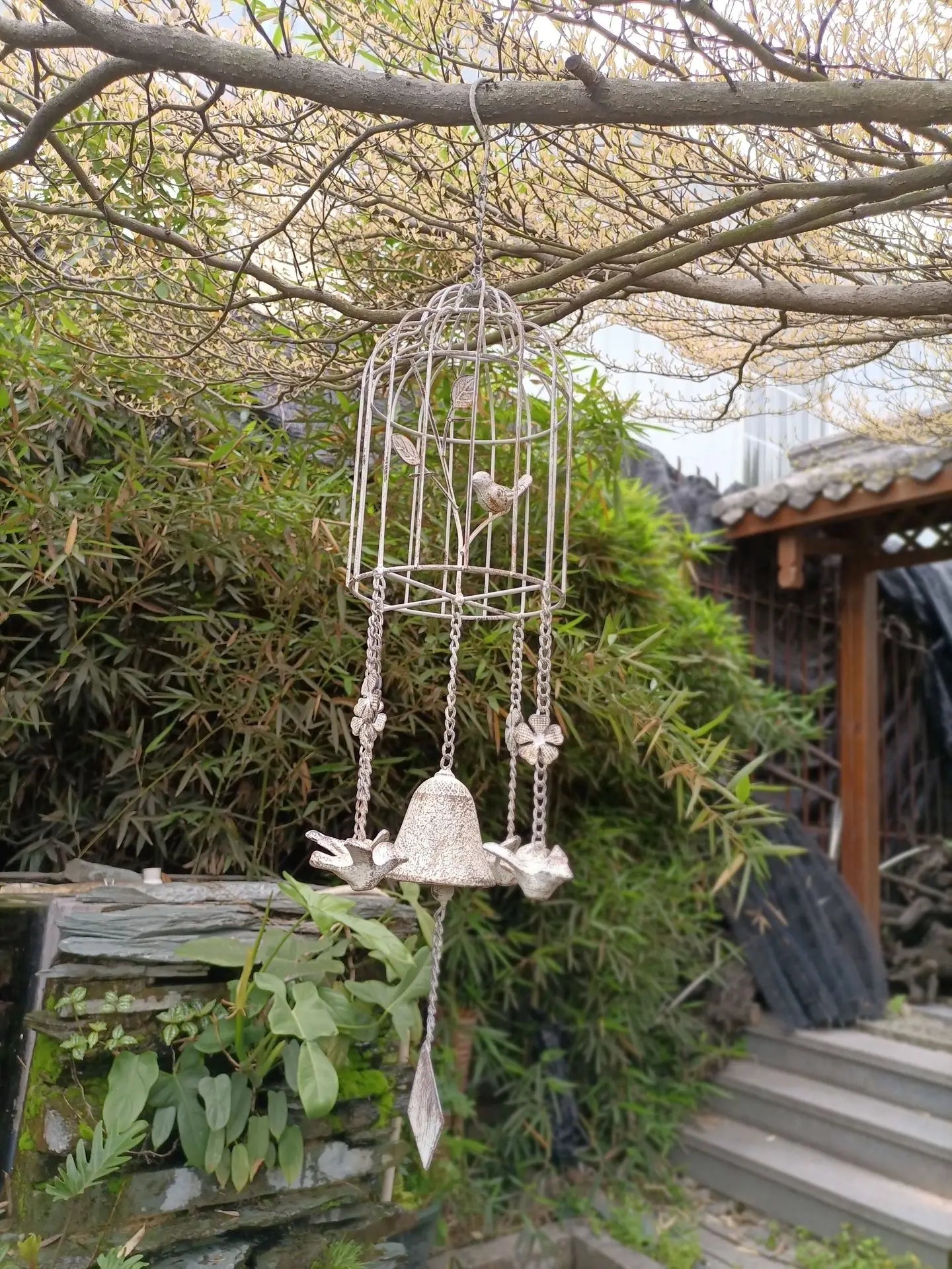Bird Cage Style Outdoor Wind Chime Cast Iron Birdhouse Garden Bell Décoration De Jardin Carillon à Vent Japonais 윈드벨