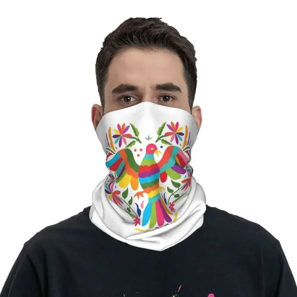 Fashion Mexican Otomi Birds Texture Neck Gaiter Men Women UV Protection Winter Folk Floral Art Bandana Scarf for Ski