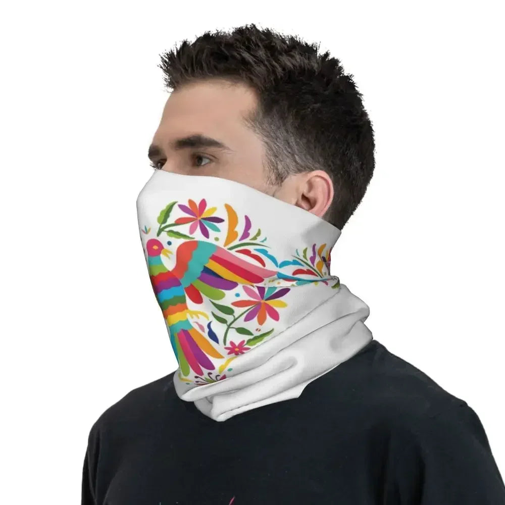 Fashion Mexican Otomi Birds Texture Neck Gaiter Men Women UV Protection Winter Folk Floral Art Bandana Scarf for Ski