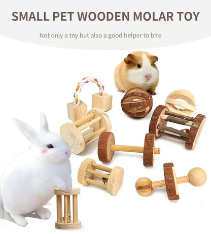 New Hamster Roller Toys Natural Wooden Pine Dumbells Unicycle Bell Chew Toys for Rabbit Small Pet Molars Supplies