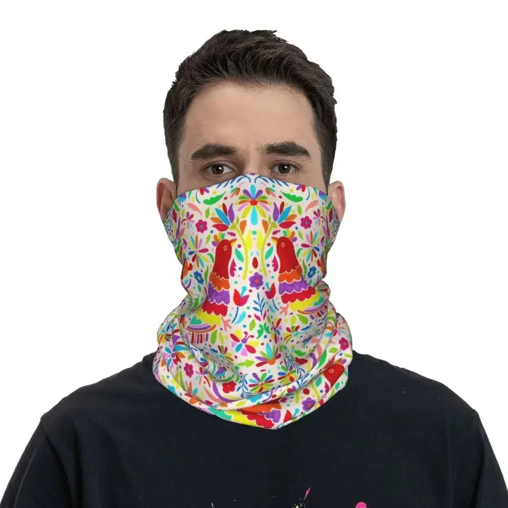 Fashion Mexican Otomi Birds Texture Neck Gaiter Men Women UV Protection Winter Folk Floral Art Bandana Scarf for Ski