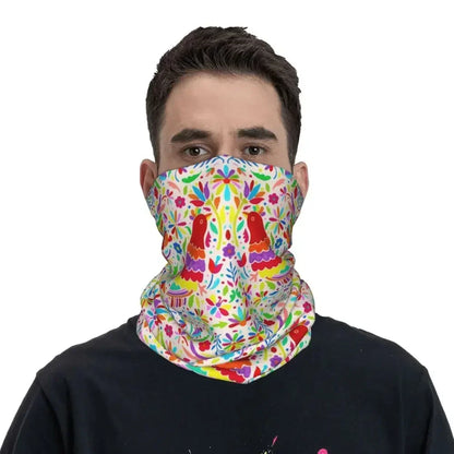 Fashion Mexican Otomi Birds Texture Neck Gaiter Men Women UV Protection Winter Folk Floral Art Bandana Scarf for Ski