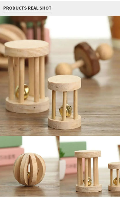 New Hamster Roller Toys Natural Wooden Pine Dumbells Unicycle Bell Chew Toys for Rabbit Small Pet Molars Supplies