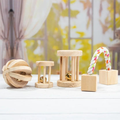 New Hamster Roller Toys Natural Wooden Pine Dumbells Unicycle Bell Chew Toys for Rabbit Small Pet Molars Supplies