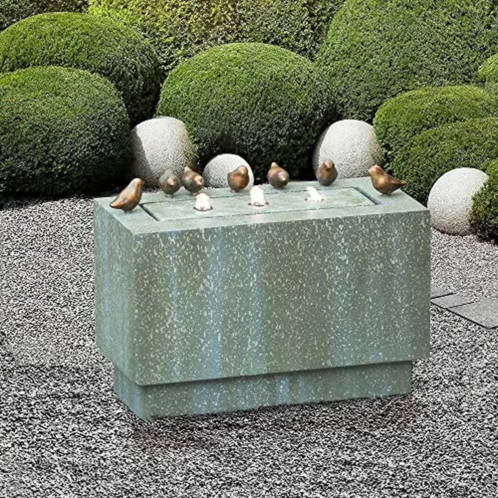 Outdoor Resin Fountain LED Lights Patina Gray Green Birds Waterfall 24