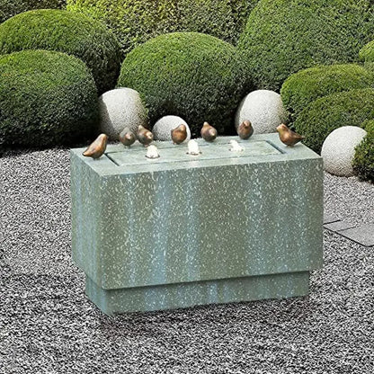 Outdoor Resin Fountain LED Lights Patina Gray Green Birds Waterfall 24