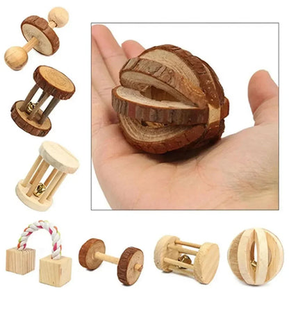 New Hamster Roller Toys Natural Wooden Pine Dumbells Unicycle Bell Chew Toys for Rabbit Small Pet Molars Supplies