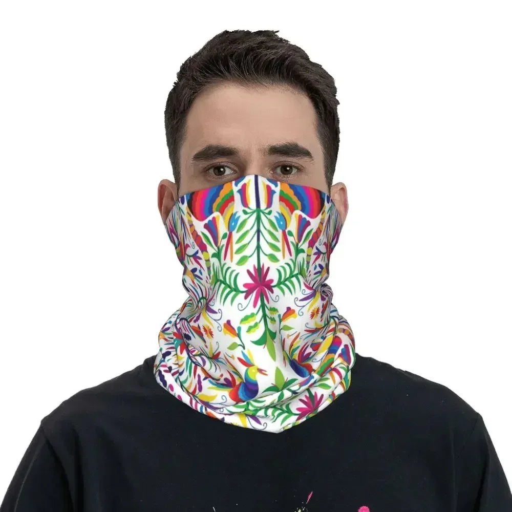 Fashion Mexican Otomi Birds Texture Neck Gaiter Men Women UV Protection Winter Folk Floral Art Bandana Scarf for Ski