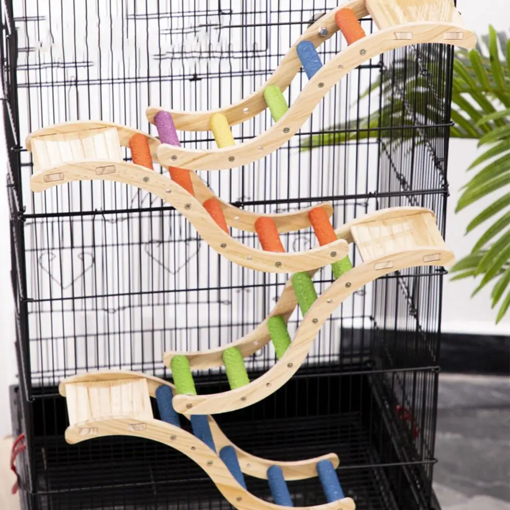 Bite Resistant Bird Climbing Ladder Wear Resistant with Non-slip Platform Wood Birds Perch Stand Colorful Bird Cage Ladder