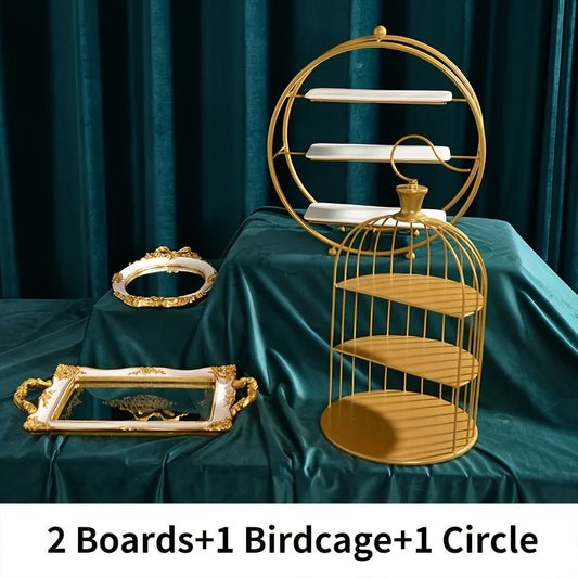 Cake Rack Set Birdcage Dessert Table Afternoon Tea Utensil Brass Tray Decor Retro Birthday Wedding Background Decoration Tools