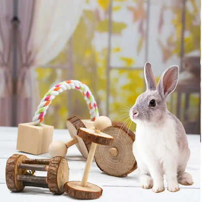 New Hamster Roller Toys Natural Wooden Pine Dumbells Unicycle Bell Chew Toys for Rabbit Small Pet Molars Supplies