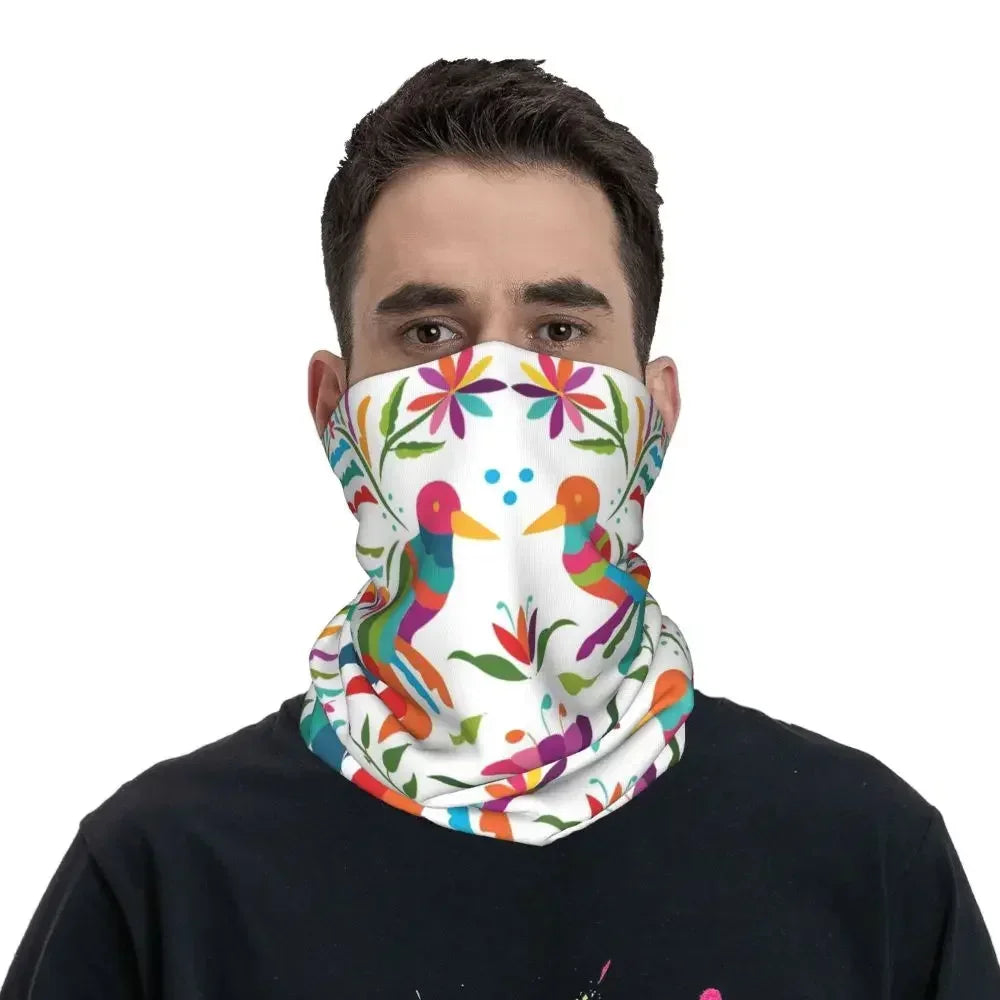 Fashion Mexican Otomi Birds Texture Neck Gaiter Men Women UV Protection Winter Folk Floral Art Bandana Scarf for Ski