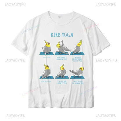 Kawaii Clothes Cockatiel Yoga Poses T-shirt Birb Memes Cute Parrot Graphic Tshirts Summer Cartoon Camisa Cool Loose Short-sleev
