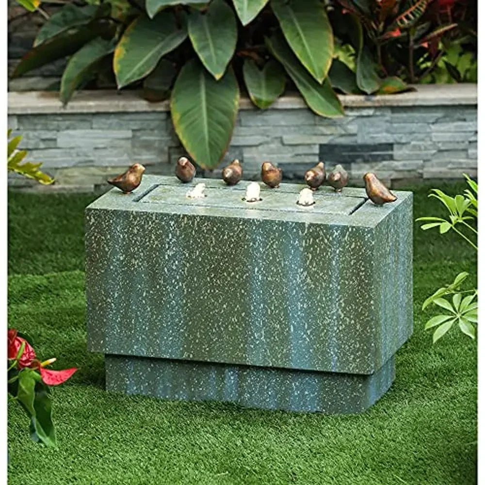 Outdoor Resin Fountain LED Lights Patina Gray Green Birds Waterfall 24