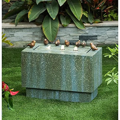 Outdoor Resin Fountain LED Lights Patina Gray Green Birds Waterfall 24