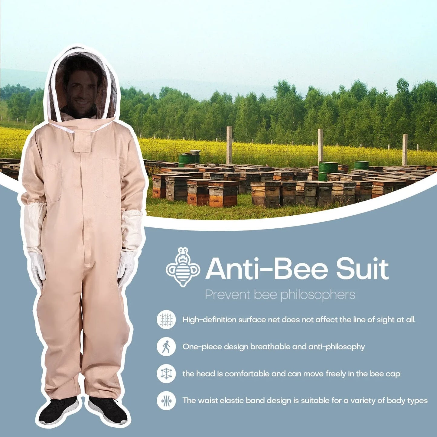 US L/XXL Full Body Ventilated Beekeeping Suit W/Veil Hood Gloves Protective Bee Jacket