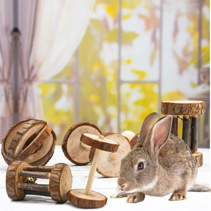 New Hamster Roller Toys Natural Wooden Pine Dumbells Unicycle Bell Chew Toys for Rabbit Small Pet Molars Supplies