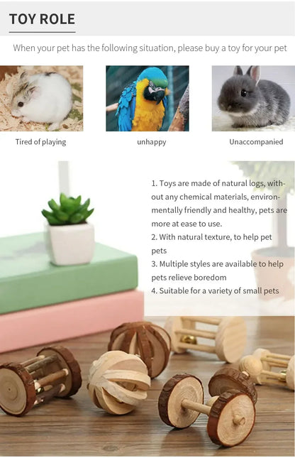 New Hamster Roller Toys Natural Wooden Pine Dumbells Unicycle Bell Chew Toys for Rabbit Small Pet Molars Supplies