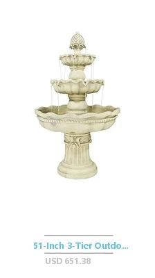 Outdoor Resin Fountain LED Lights Patina Gray Green Birds Waterfall 24