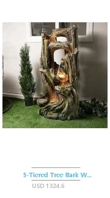 Outdoor Resin Fountain LED Lights Patina Gray Green Birds Waterfall 24