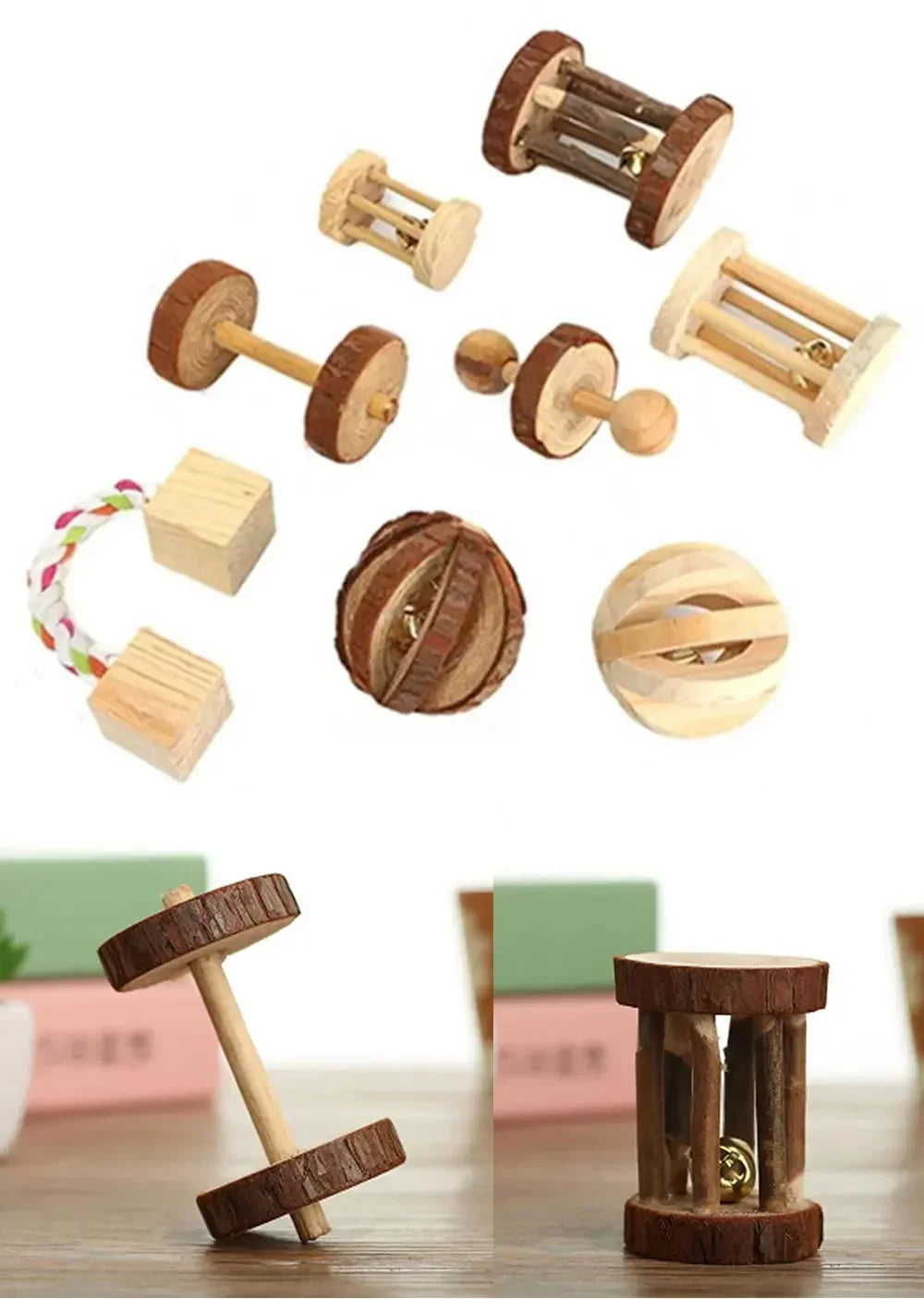 New Hamster Roller Toys Natural Wooden Pine Dumbells Unicycle Bell Chew Toys for Rabbit Small Pet Molars Supplies
