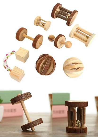 New Hamster Roller Toys Natural Wooden Pine Dumbells Unicycle Bell Chew Toys for Rabbit Small Pet Molars Supplies