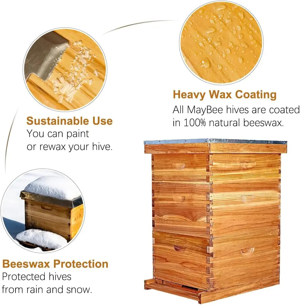 10-Frame Langstroth Beehive Dipped in 100% Beeswax, Complete Bee Hives and Supplies Starter Kit Includes 2 Deep Hive Bee Box