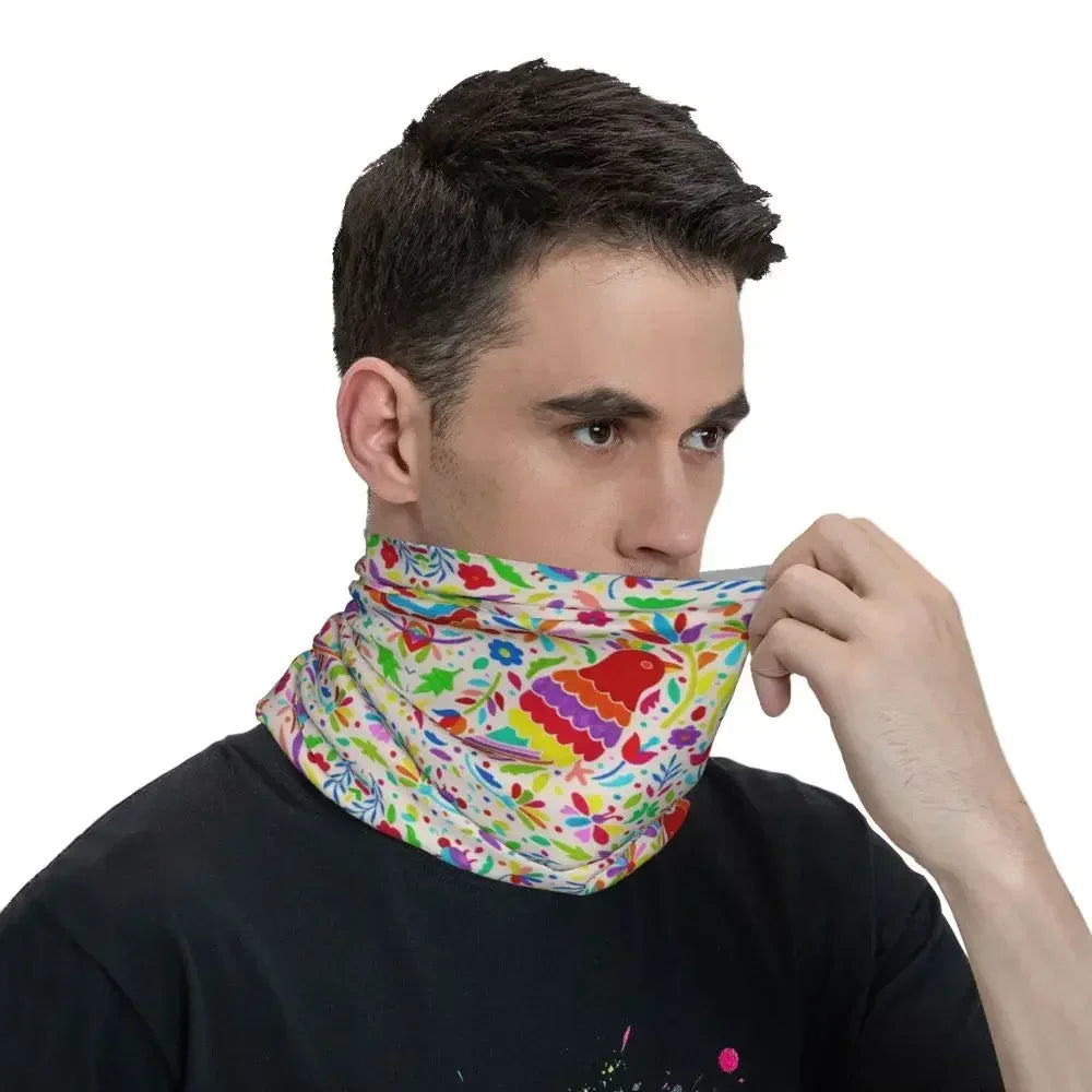 Fashion Mexican Otomi Birds Texture Neck Gaiter Men Women UV Protection Winter Folk Floral Art Bandana Scarf for Ski