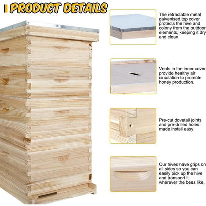 10-Frame Bees Hives and Complete Starter Kit, Bee Hives Boxes Includes 2 Deep Bees Box 2 Medium Bee Hive Box with Beehive Frames