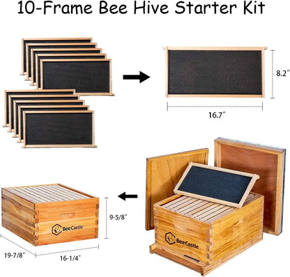 10-Frame Bee Hives and Supplies Starter Kit,Beehive Kit Dipped in 100% Beeswax,Bee Keeping Supplies-all Beginners Kit