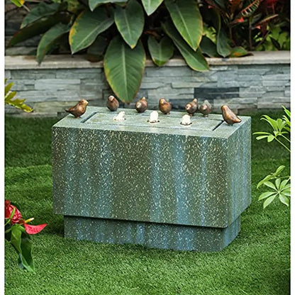 Outdoor Resin Fountain LED Lights Patina Gray Green Birds Waterfall 24