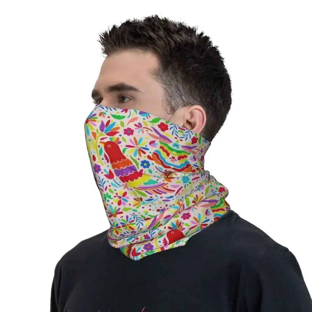 Fashion Mexican Otomi Birds Texture Neck Gaiter Men Women UV Protection Winter Folk Floral Art Bandana Scarf for Ski