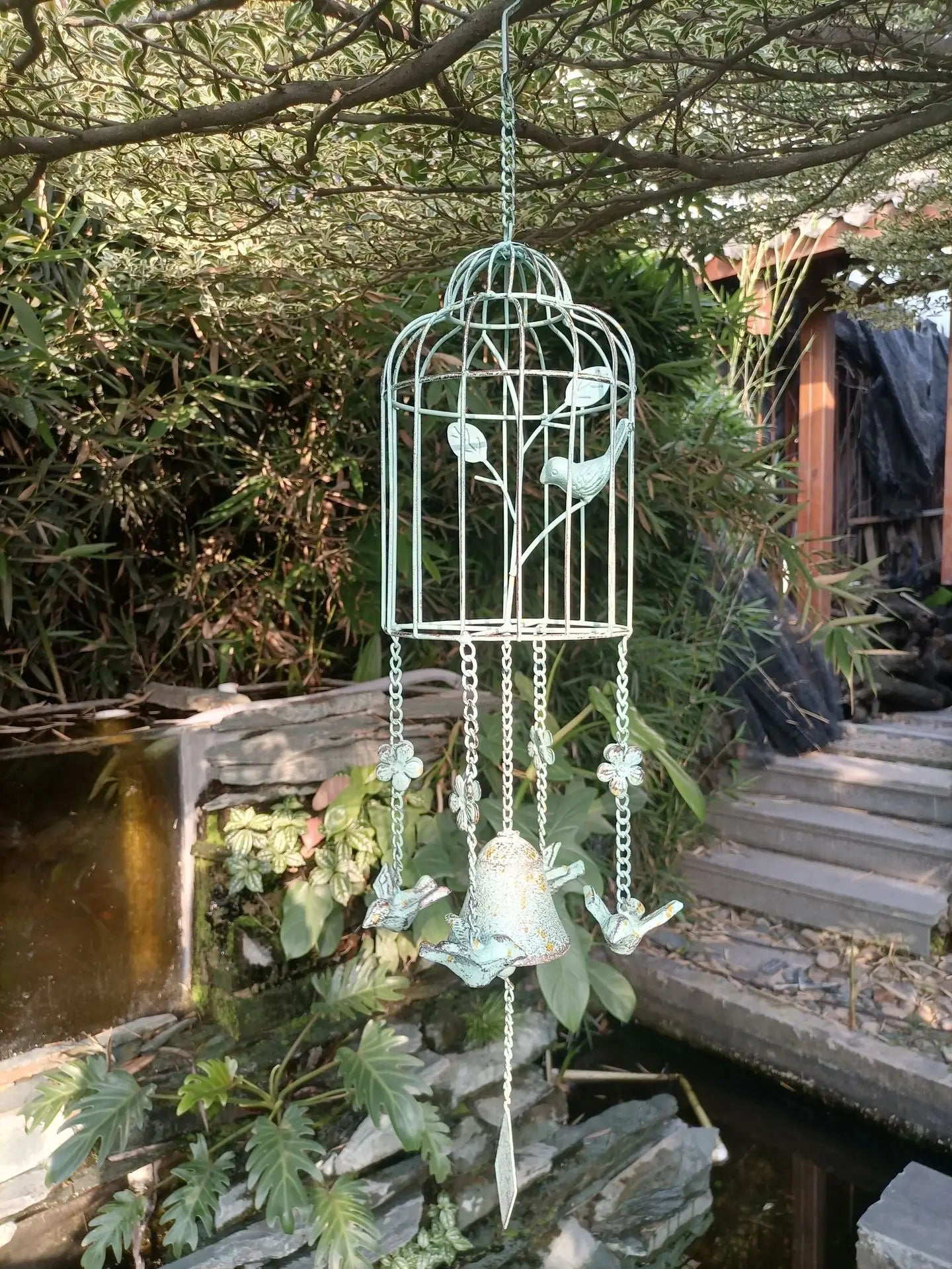 Bird Cage Style Outdoor Wind Chime Cast Iron Birdhouse Garden Bell Décoration De Jardin Carillon à Vent Japonais 윈드벨